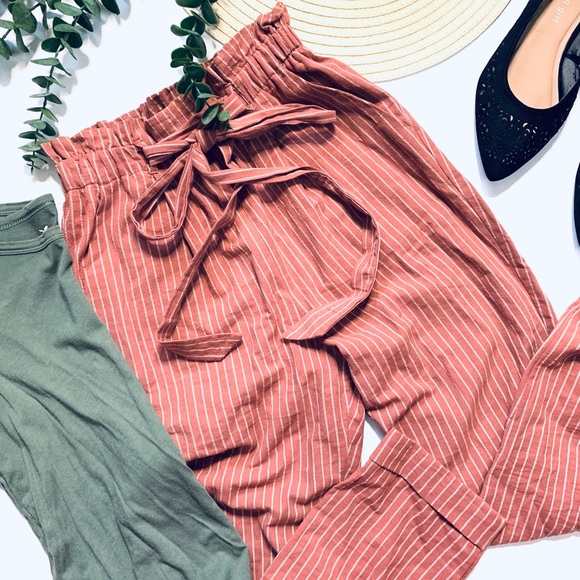 Sienna Sky Pants - Sienna Sky pink striped paper bag high waist pants